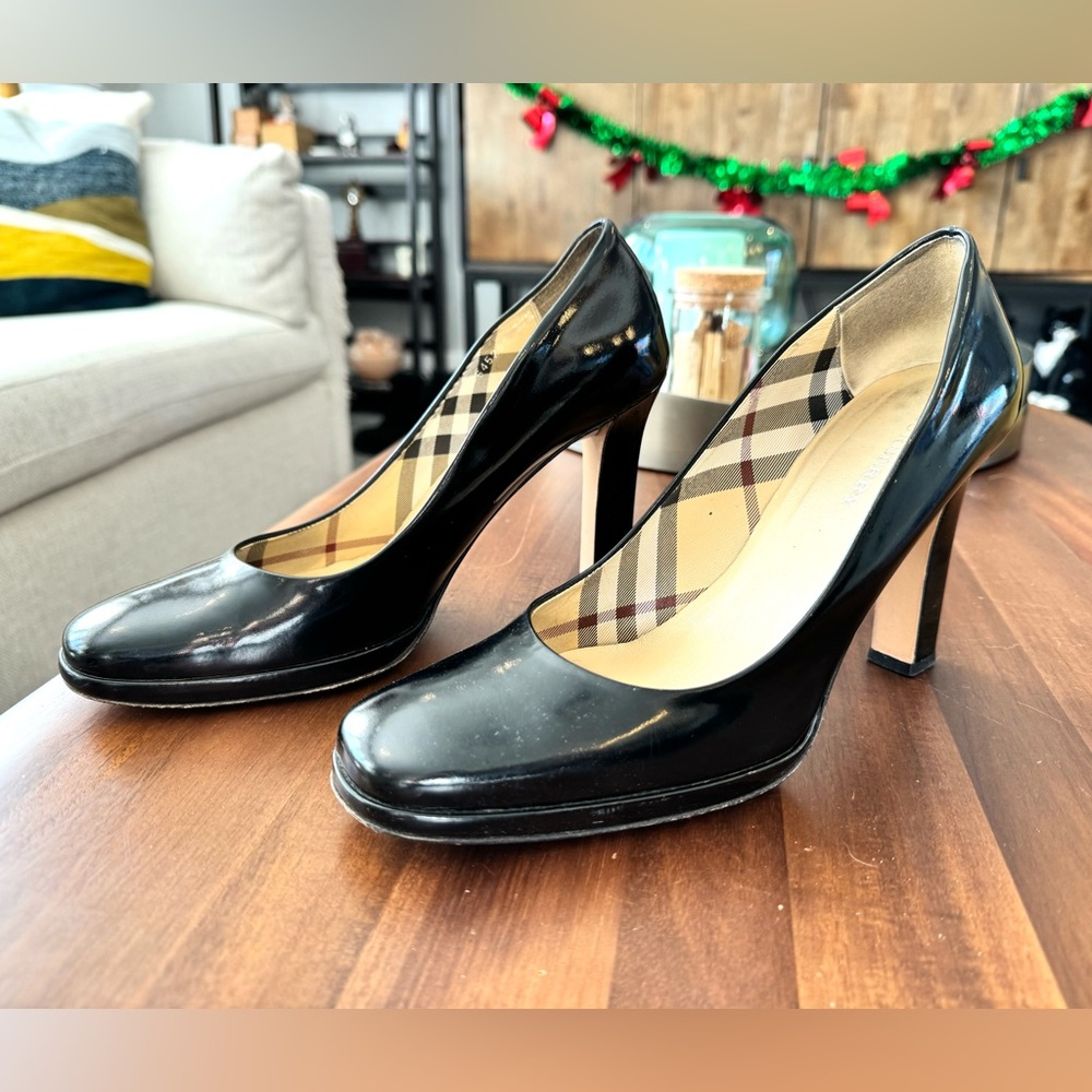 Burberry Black Patent Leather Block Heel Pumps